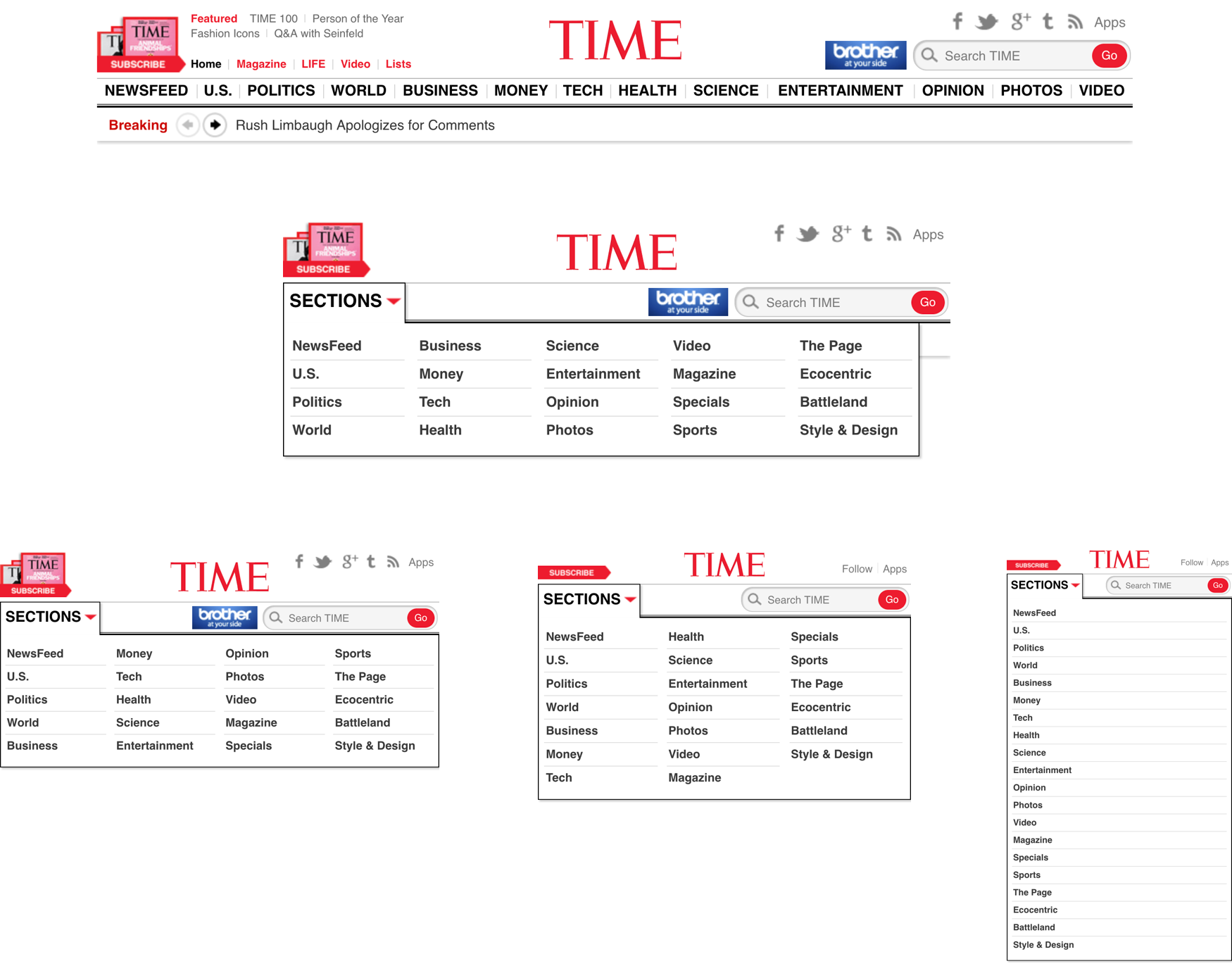 an image of TIME's header menu design at various responsive breakpoints