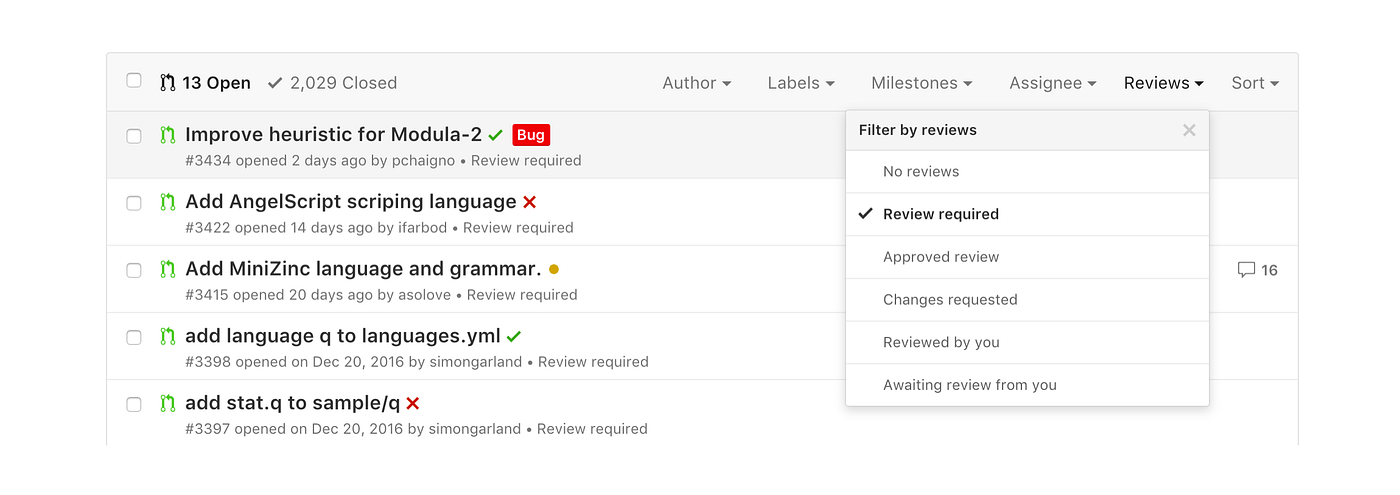 Review status filter in the pull requests index