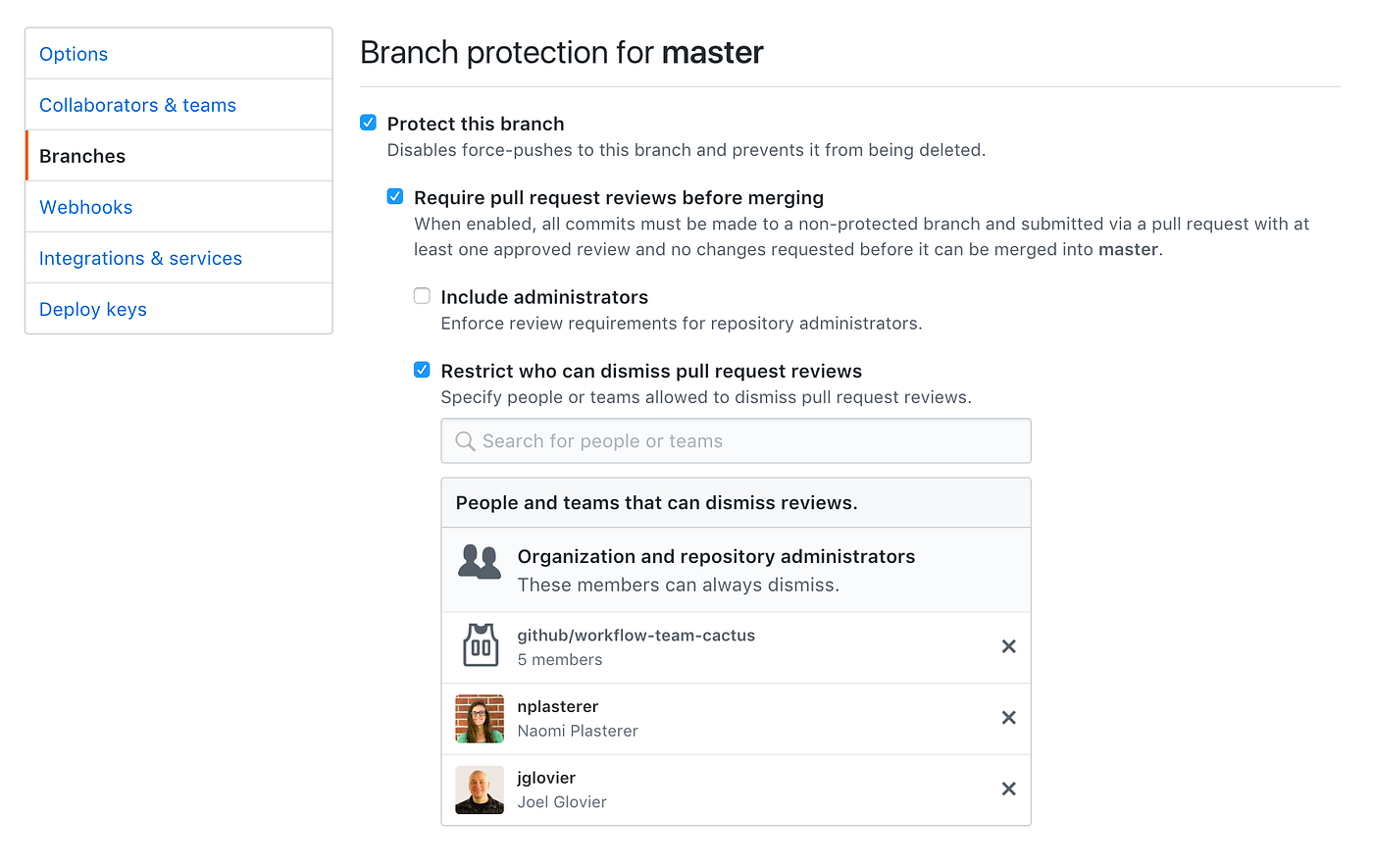 Protected branches settings for requiring reviews before merging