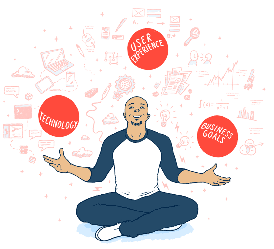 illustration portraying me juggling user experience, technology, and business goals
